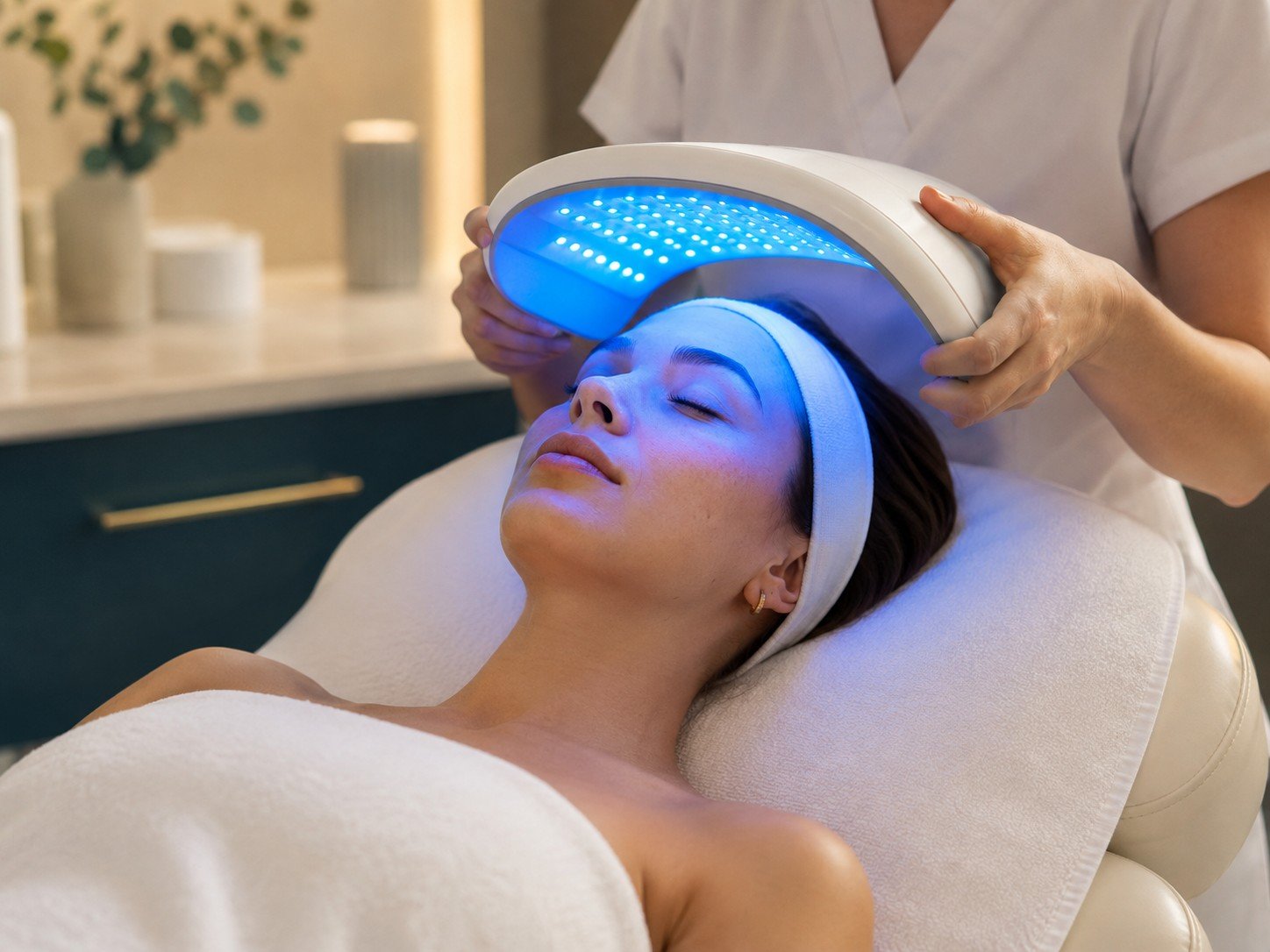 Blue light facial treatment used in an acne-treatment setting