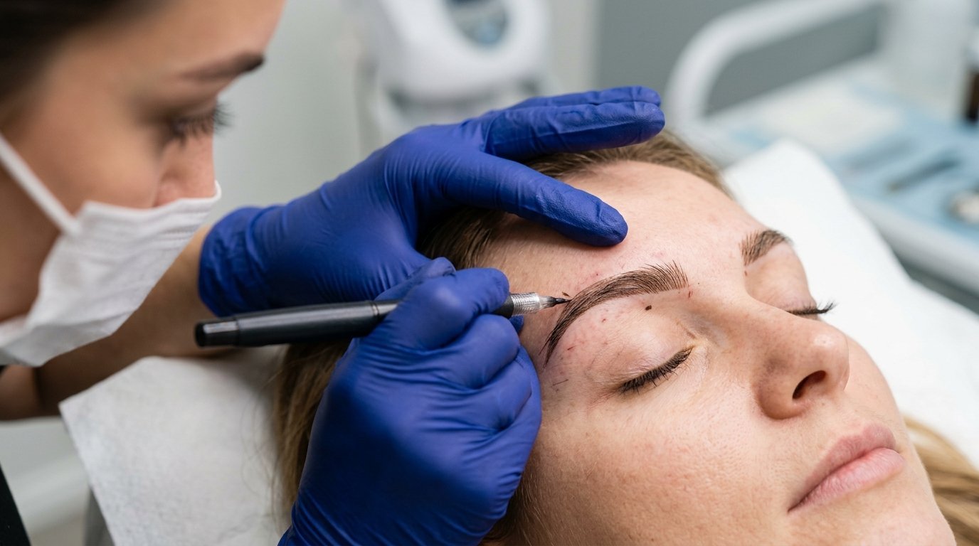 Microblading procedure being performed on an eyebrow